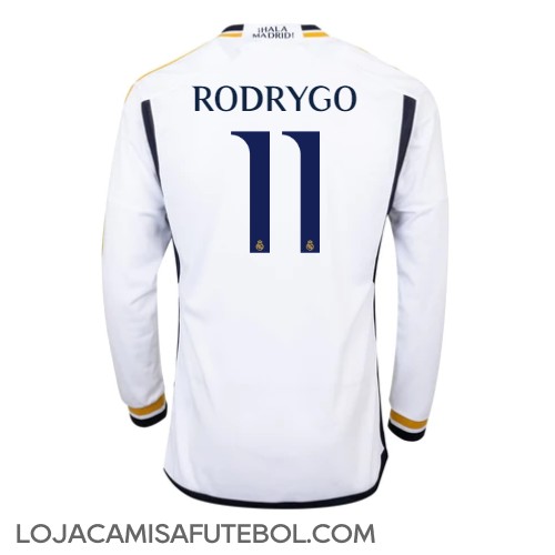 Camisa de Futebol Real Madrid Rodrygo Goes #11 Equipamento Principal 2023-24 Manga Comprida